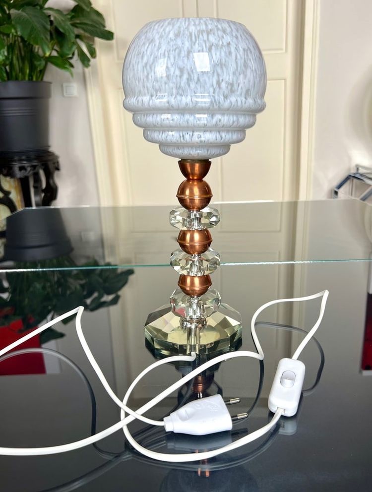 Lampe à Poser Art Déco En Cristal et Cuivre - Globe en Verre Clichy Blanc