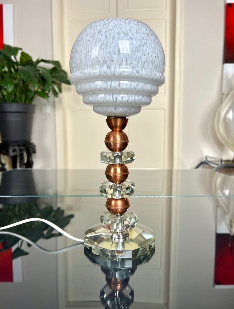 Lampe à Poser Art Déco En Cristal et Cuivre - Globe en Verre Clichy Blanc