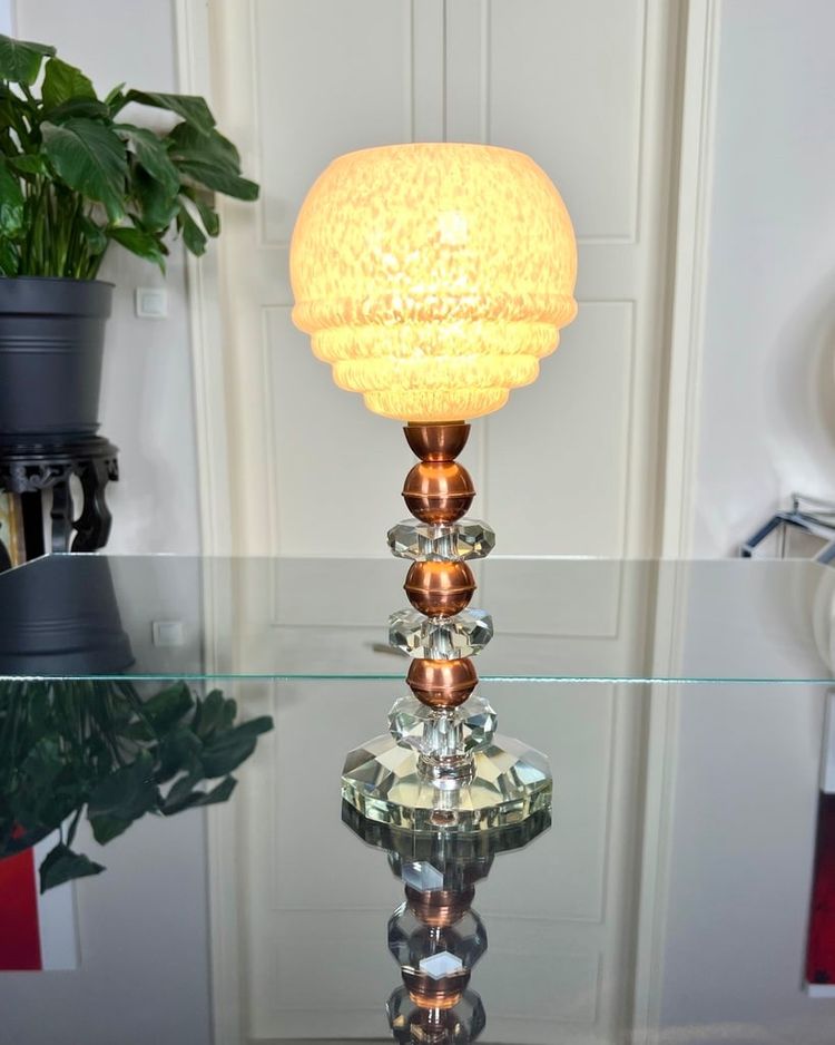 Lampe à Poser Art Déco En Cristal et Cuivre - Globe en Verre Clichy Blanc