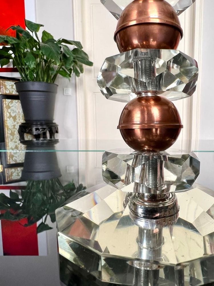 Lampe à Poser Art Déco En Cristal et Cuivre - Globe en Verre Clichy Blanc