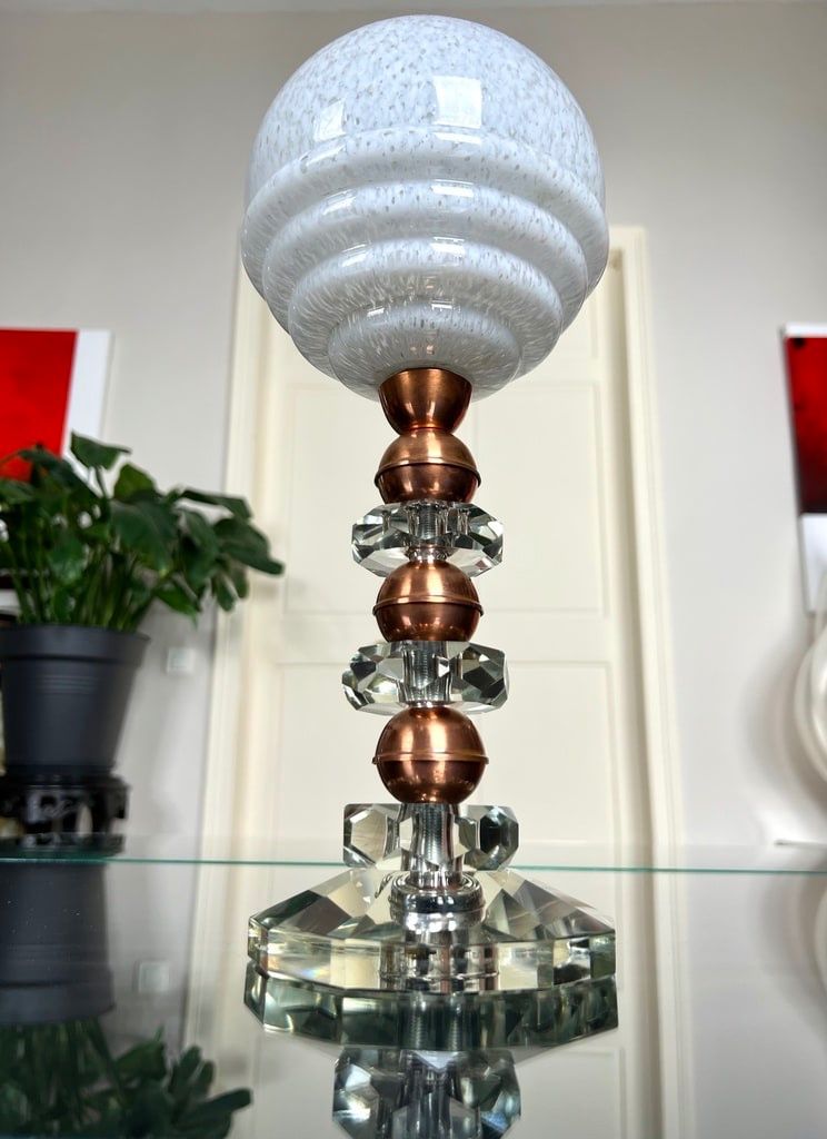 Lampe à Poser Art Déco En Cristal et Cuivre - Globe en Verre Clichy Blanc
