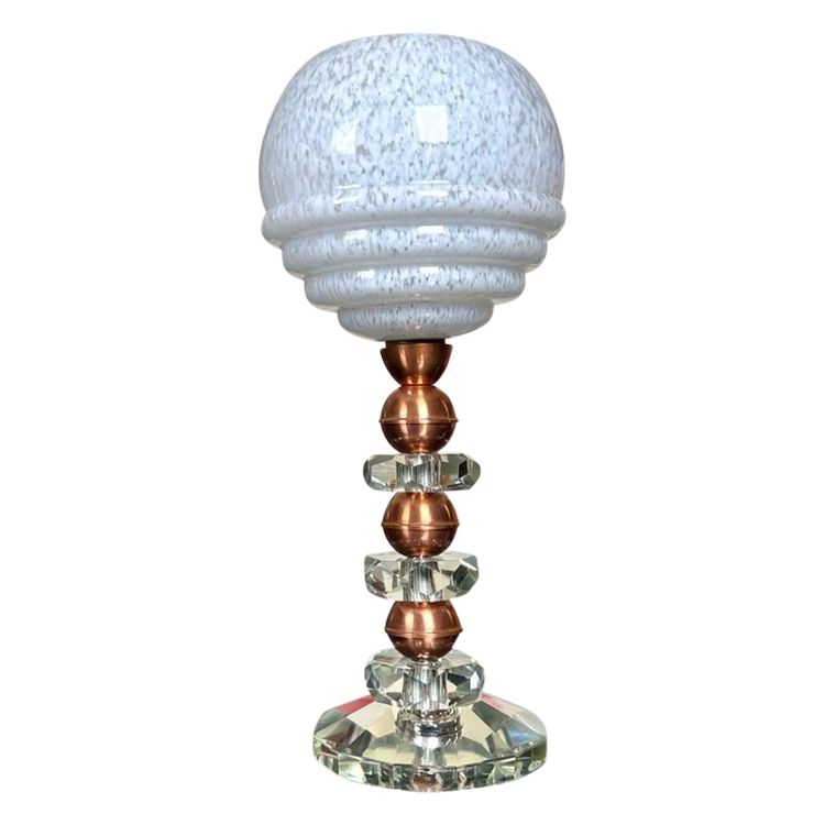 Lampe à Poser Art Déco En Cristal et Cuivre - Globe en Verre Clichy Blanc
