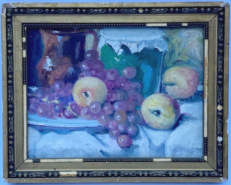 Oil on panel by J. Denjerma still life with fruit double view
