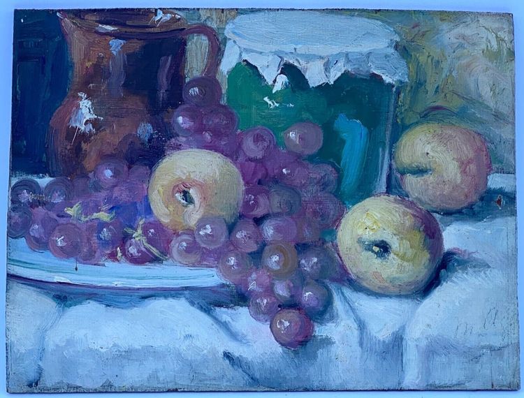 Oil on panel by J. Denjerma still life with fruit double view
