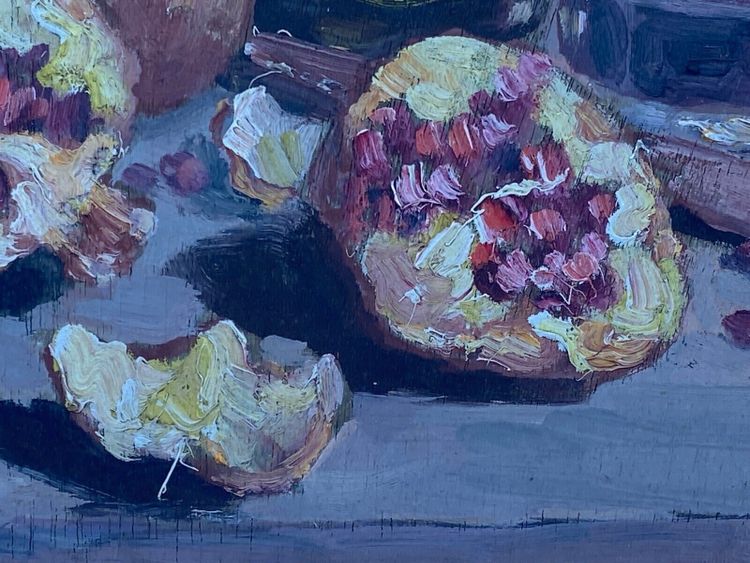 Oil on panel by J. Denjerma still life with fruit double view