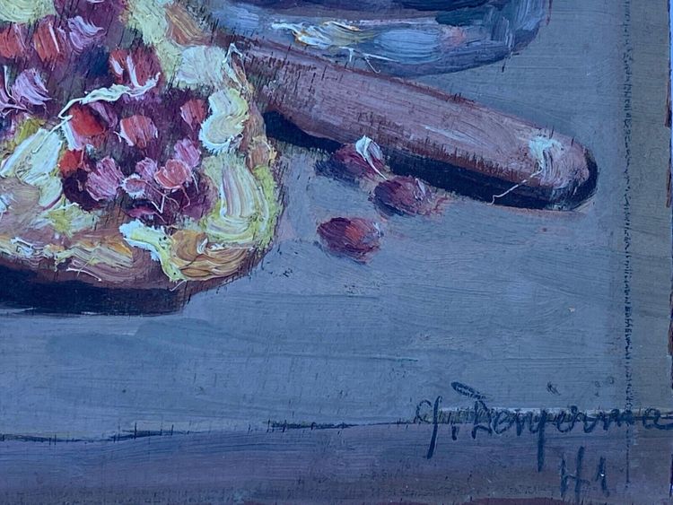 Oil on panel by J. Denjerma still life with fruit double view
