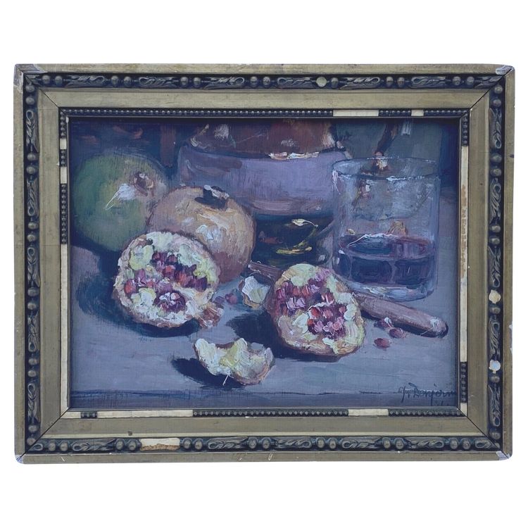Oil on panel by J. Denjerma still life with fruit double view