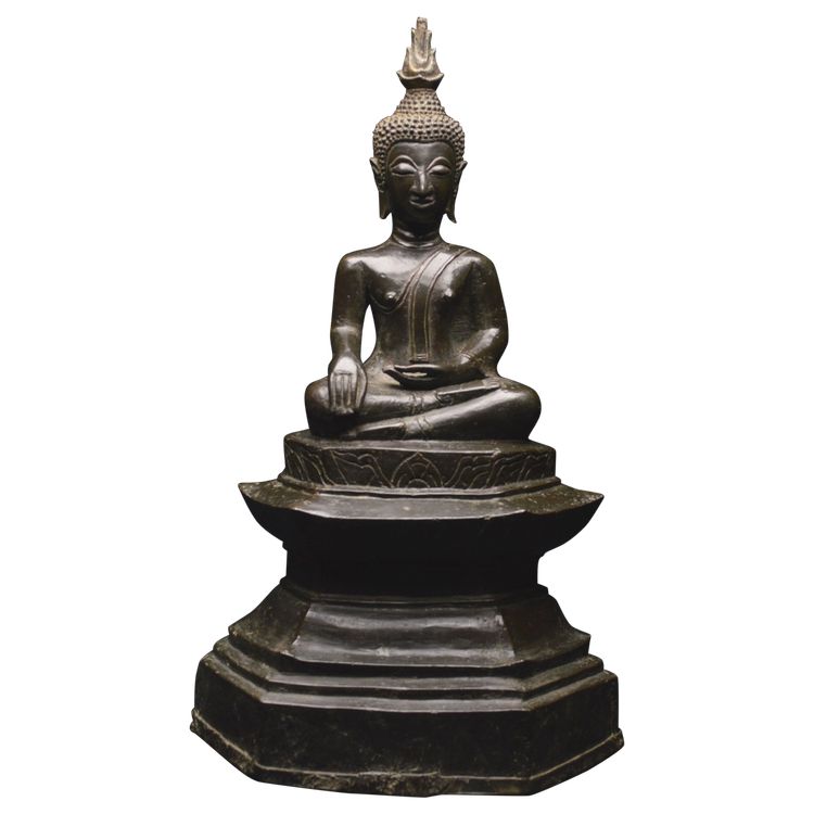 Laos, XVII - XVIII secolo, importante Buddha Maravijaya in bronzo massiccio con patina marrone
