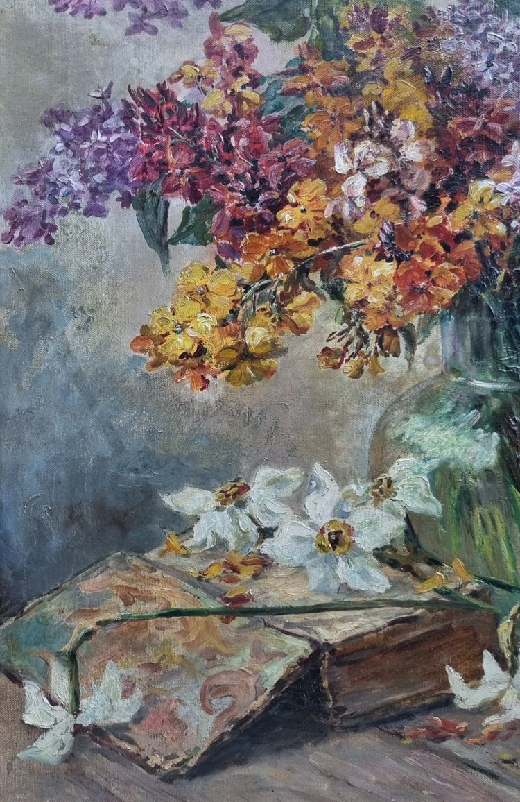 Roger MASSON - Bouquet of lilacs near a book