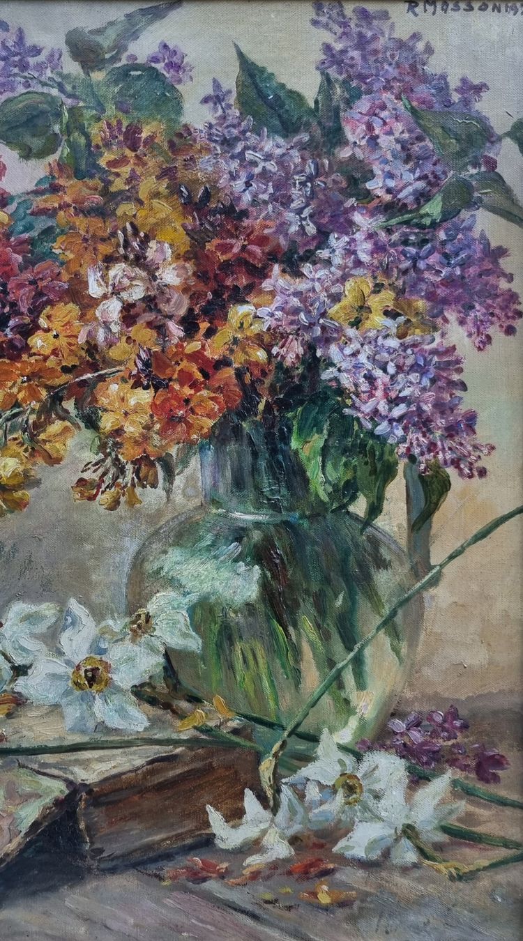 Roger MASSON - Bouquet of lilacs near a book