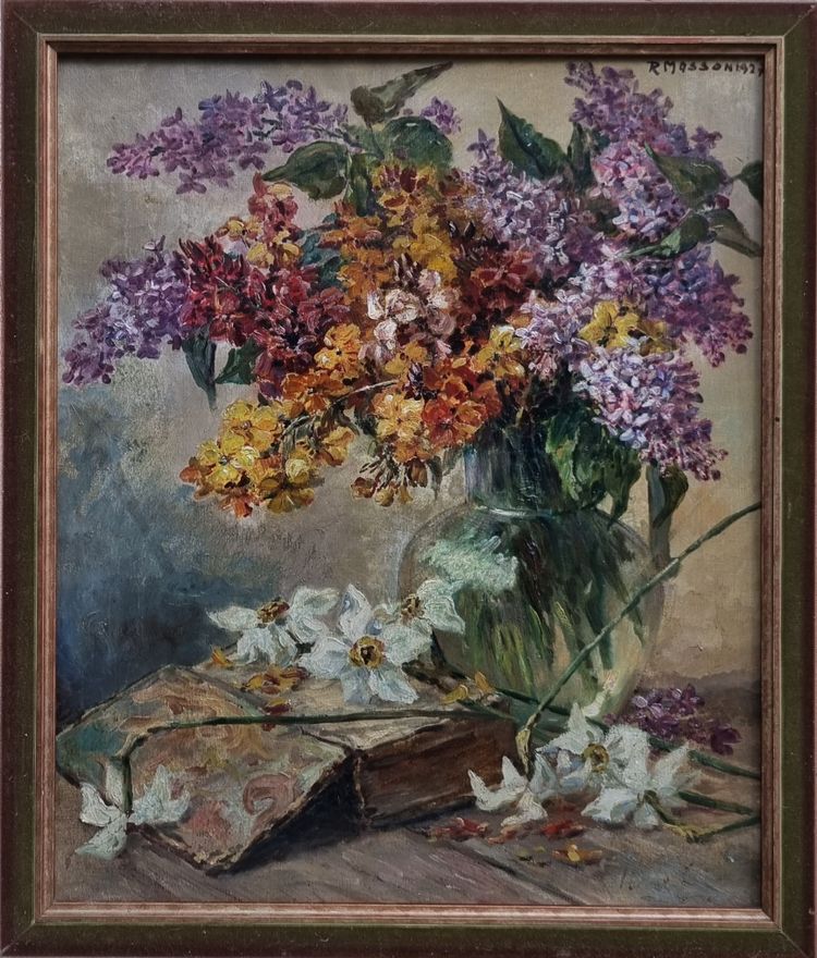 Roger MASSON - Bouquet of lilacs near a book