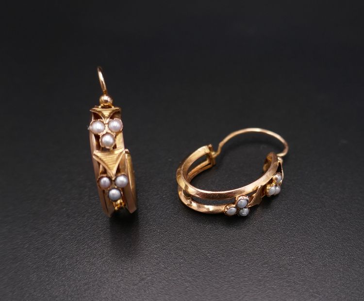 Orecchini creoli Napoleone III, perle pregiate, oro rosa 18 carati.