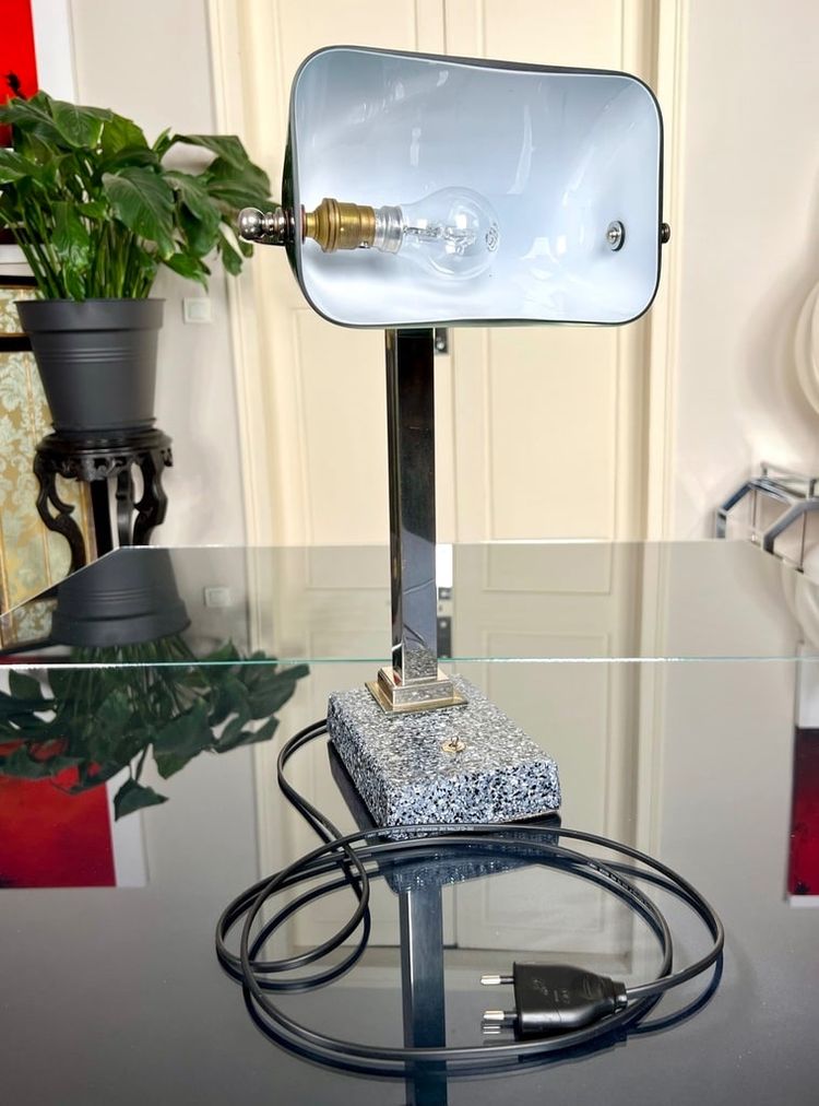 Vintage Chromed Metal And Green Opaline Desk Lamp