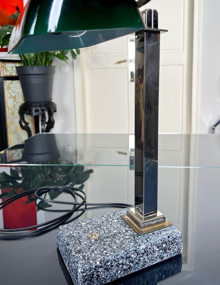 Vintage Chromed Metal And Green Opaline Desk Lamp