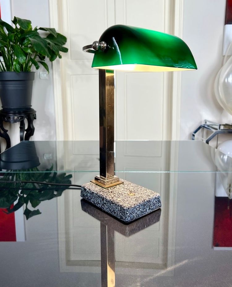 Vintage Chromed Metal And Green Opaline Desk Lamp