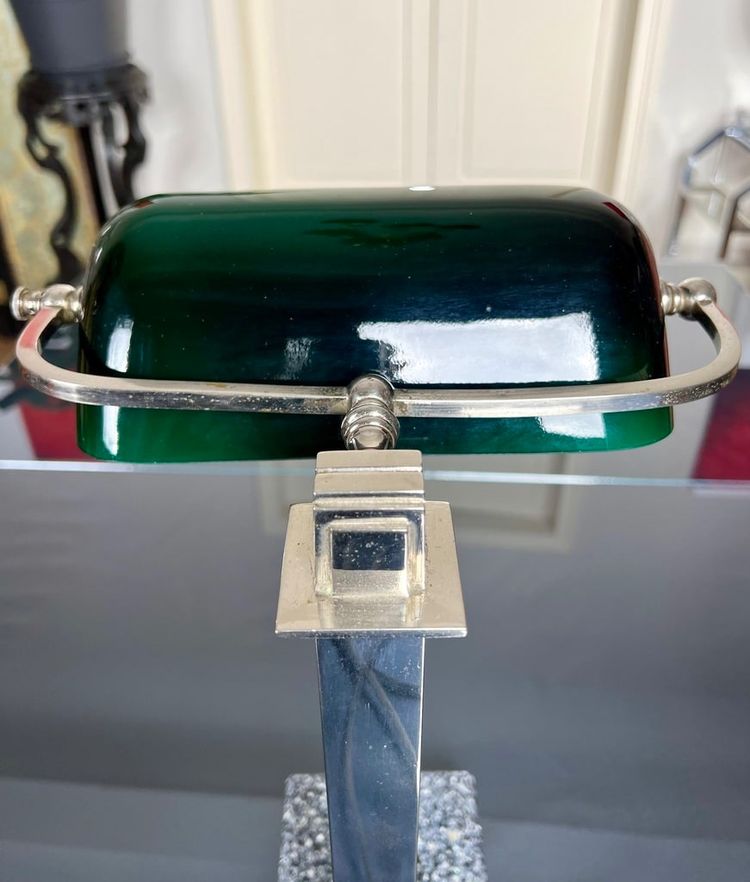 Vintage Chromed Metal And Green Opaline Desk Lamp