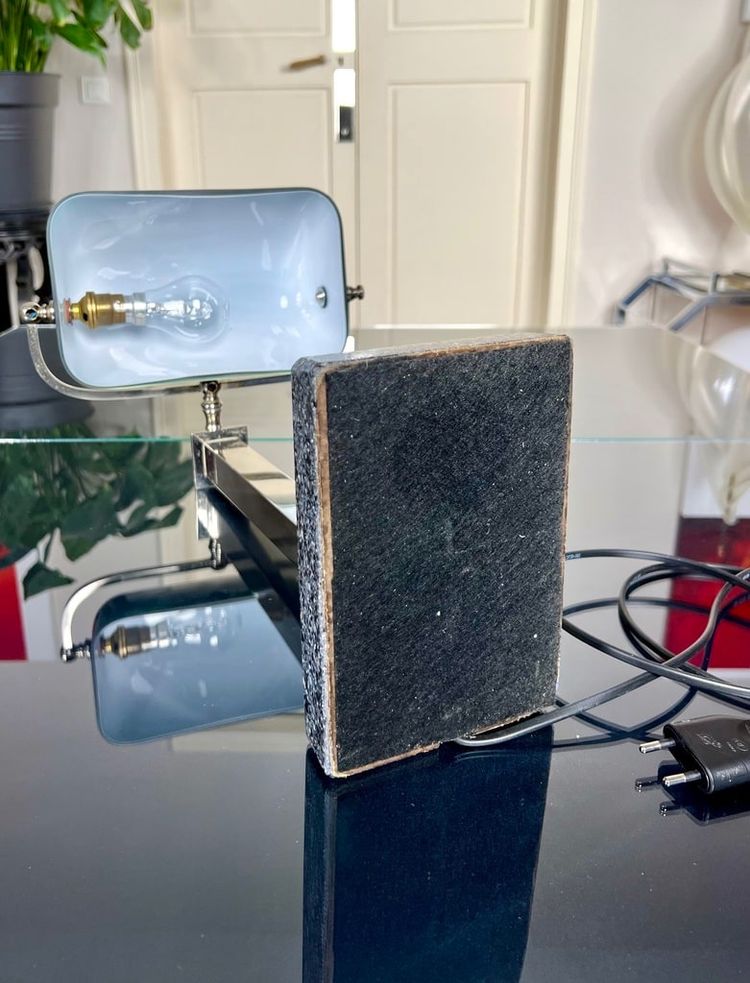Vintage Chromed Metal And Green Opaline Desk Lamp