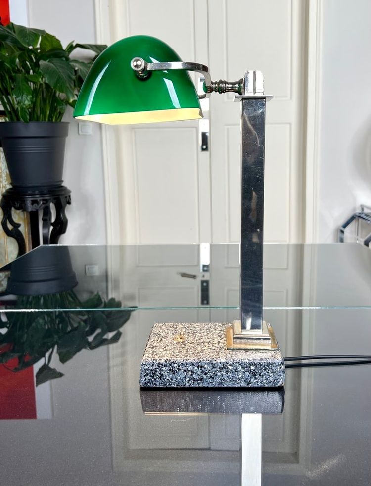 Vintage Chromed Metal And Green Opaline Desk Lamp