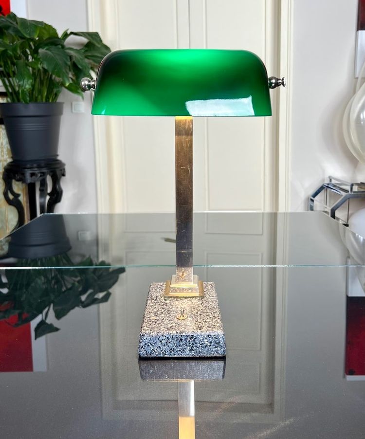 Vintage Chromed Metal And Green Opaline Desk Lamp