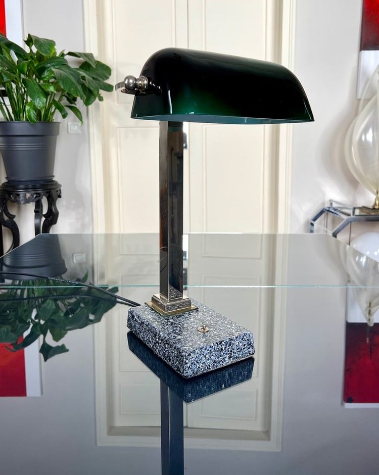 Vintage Chromed Metal And Green Opaline Desk Lamp