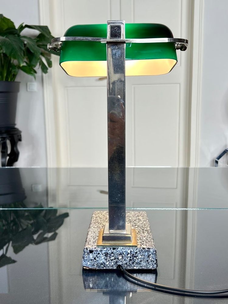 Vintage Chromed Metal And Green Opaline Desk Lamp