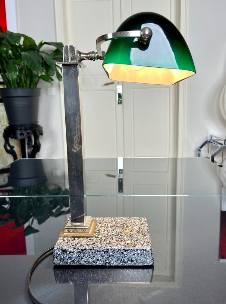Vintage Chromed Metal And Green Opaline Desk Lamp