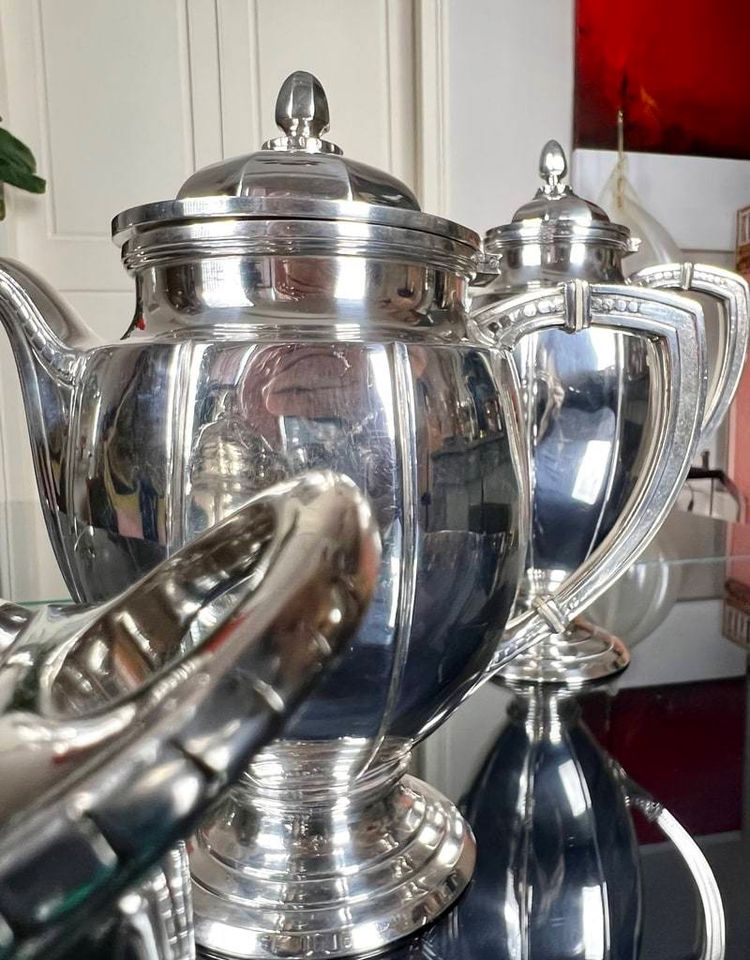 Art Deco Tee Und Kaffeeservice - Teekanne Gießkanne Zuckerdose - Silberne Metallformstücke