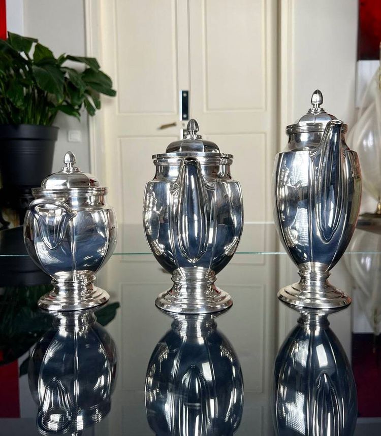 Art Deco Tee Und Kaffeeservice - Teekanne Gießkanne Zuckerdose - Silberne Metallformstücke