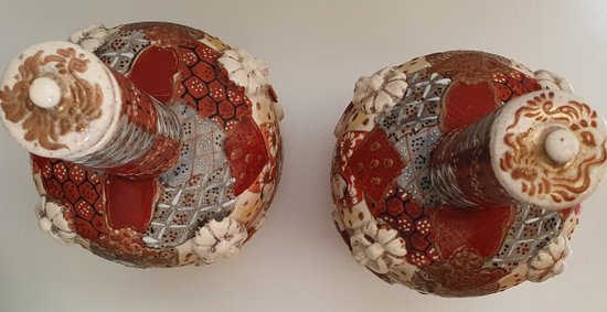 Kyoto Satsuma: pair of bottle vases with lids ca. 1910