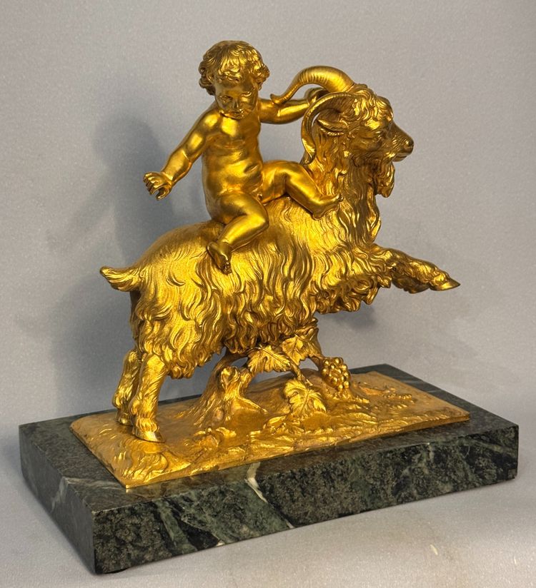Sculpture en bronze doré Bacchus ou putto sur un bouc XIXè