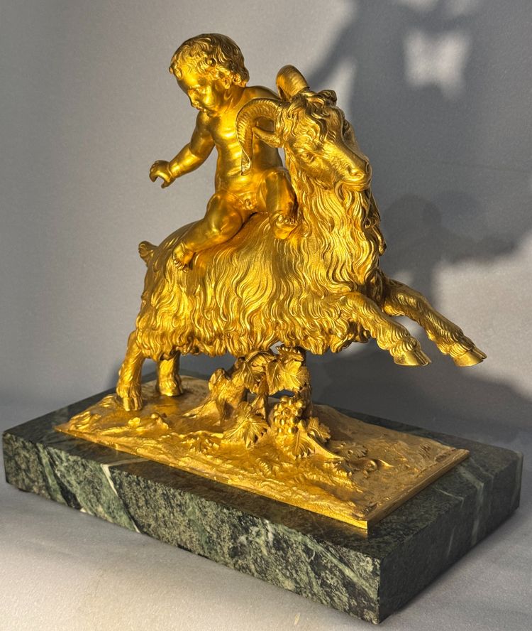 Sculpture en bronze doré Bacchus ou putto sur un bouc XIXè