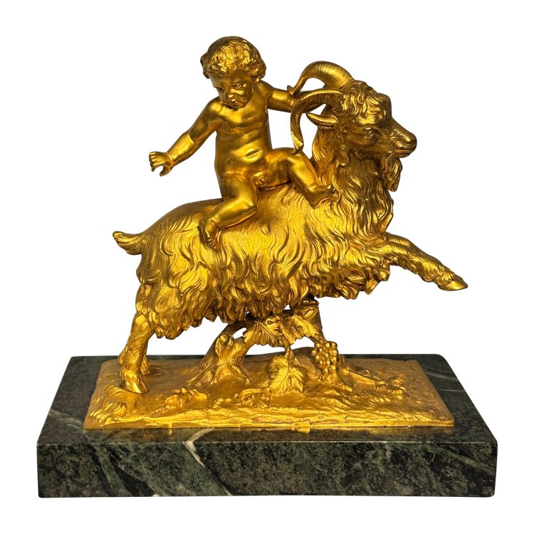 Sculpture en bronze doré Bacchus ou putto sur un bouc XIXè