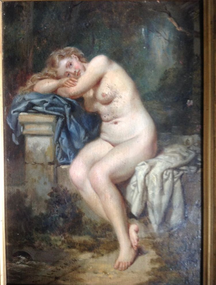 Öl Auf Tafel Signiert A. Lecaron Representant Une Jeune Fille Nu Sur Un Banc En Pierre