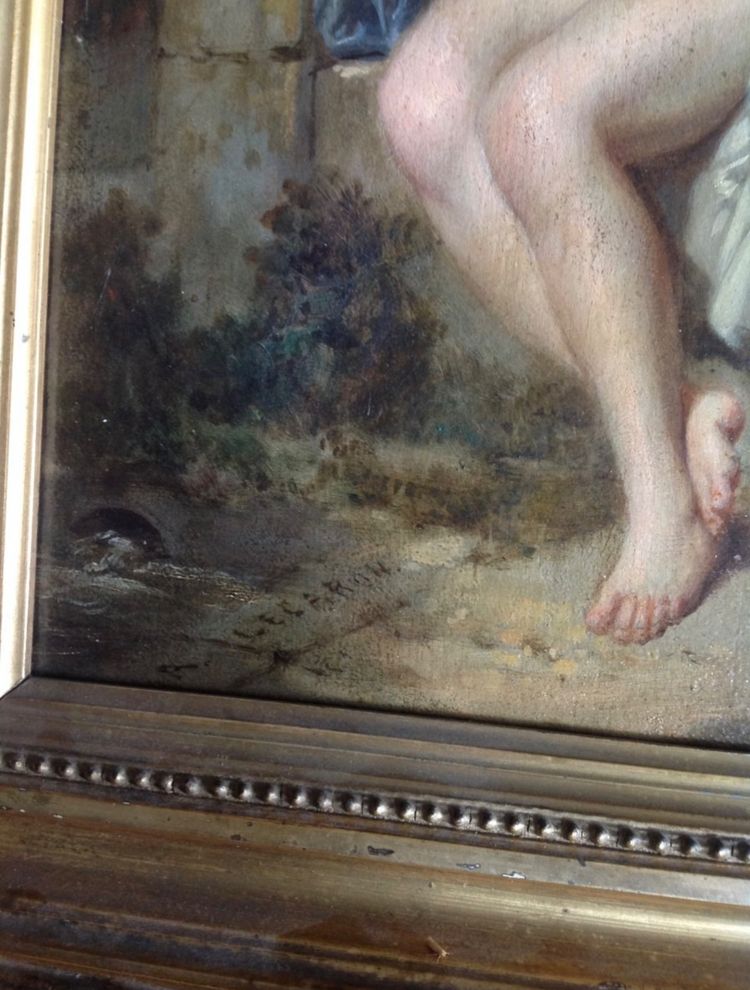 Öl Auf Tafel Signiert A. Lecaron Representant Une Jeune Fille Nu Sur Un Banc En Pierre