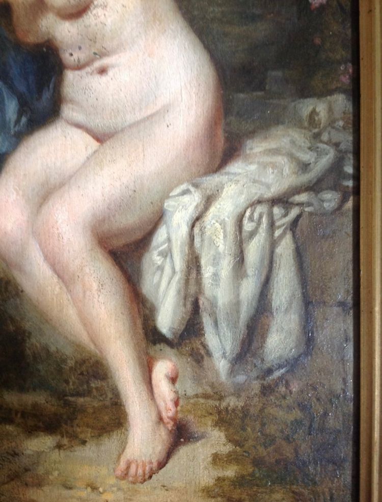 Öl Auf Tafel Signiert A. Lecaron Representant Une Jeune Fille Nu Sur Un Banc En Pierre
