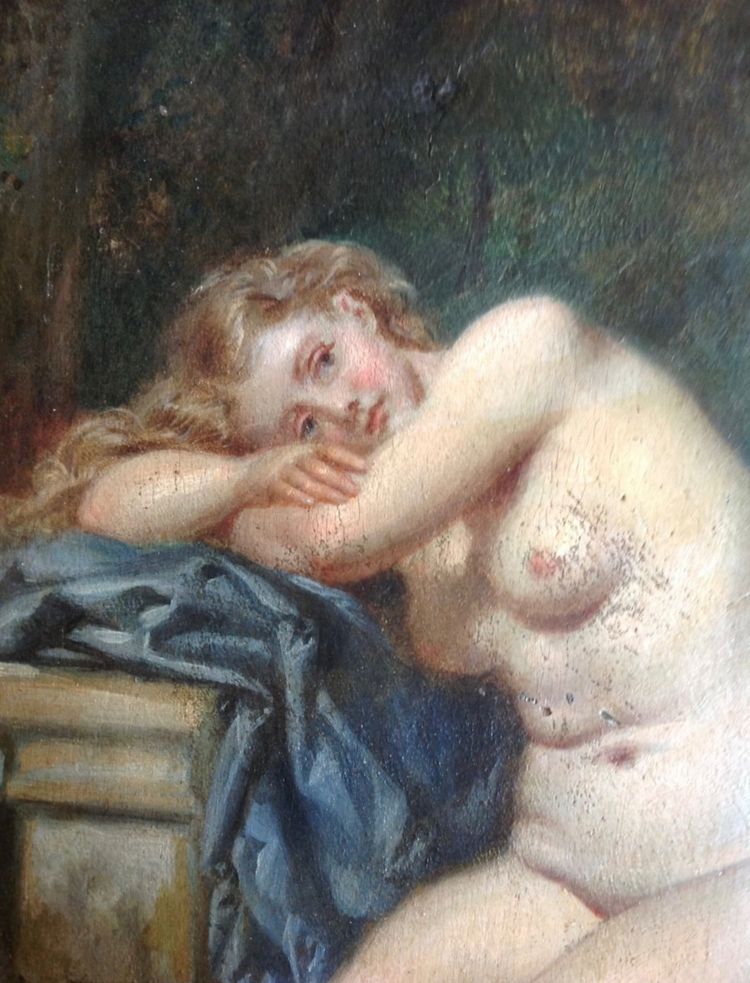 Öl Auf Tafel Signiert A. Lecaron Representant Une Jeune Fille Nu Sur Un Banc En Pierre