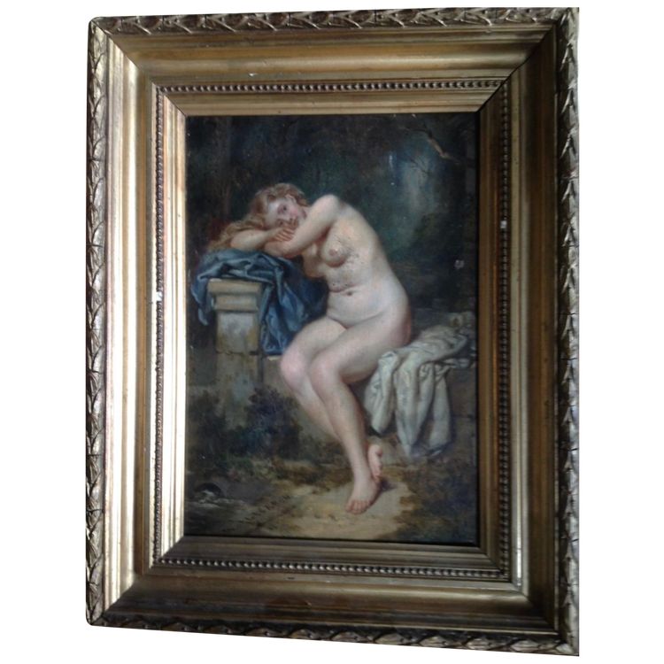 Öl Auf Tafel Signiert A. Lecaron Representant Une Jeune Fille Nu Sur Un Banc En Pierre