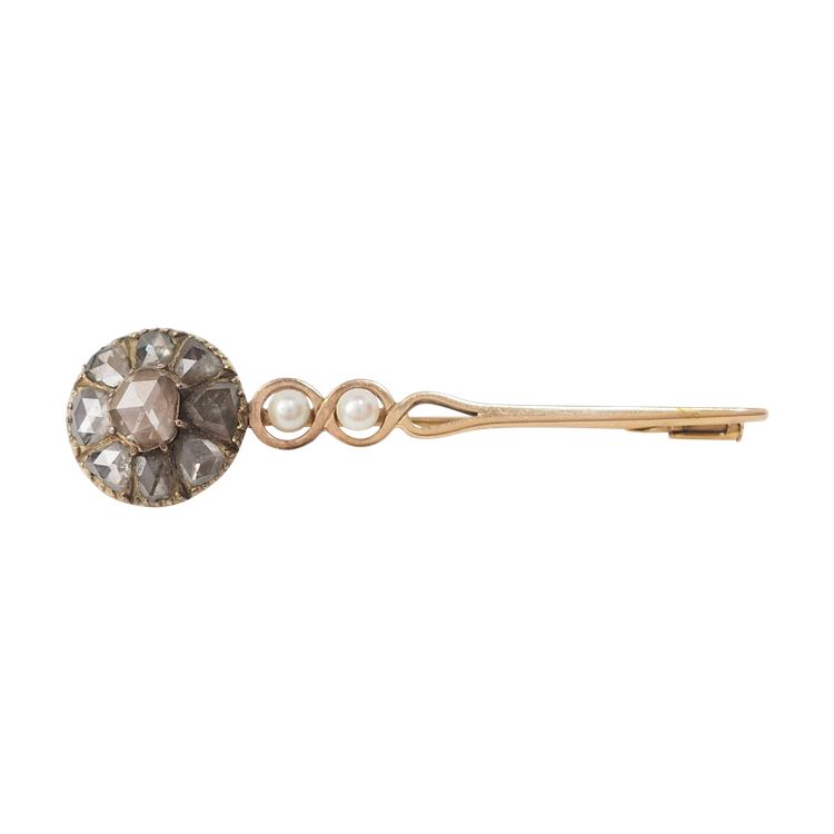 Alte Barrett-Brosche aus Gelbgold, Diamanten und Zuchtperle