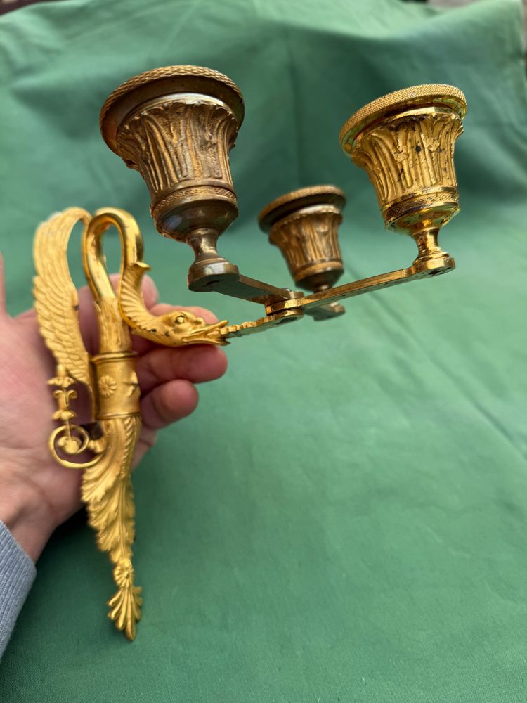 Charming pair of ormolu swan-neck sconces, Empire period