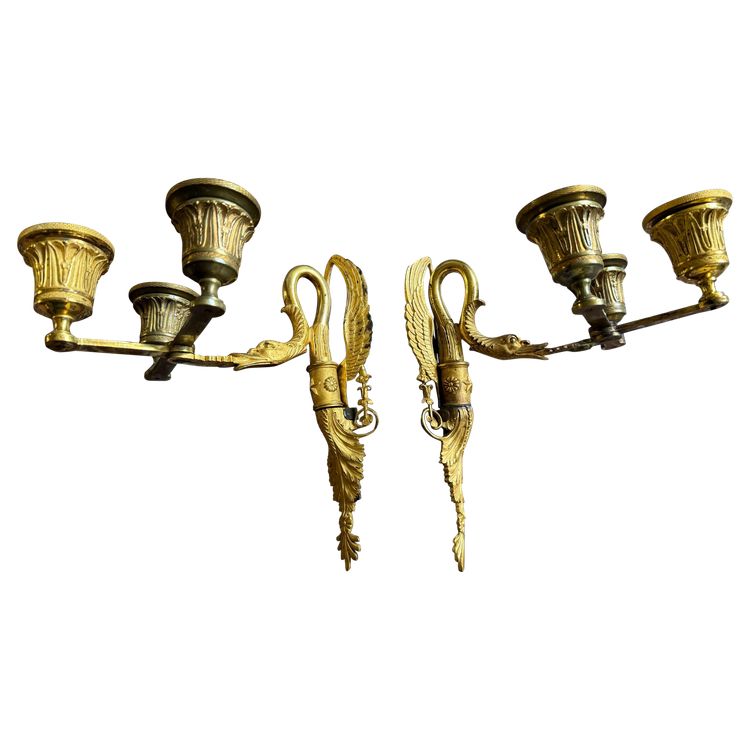 Charming pair of ormolu swan-neck sconces, Empire period