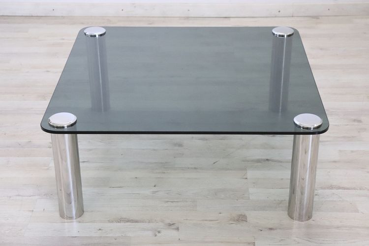 Square Coffee Table in Chromed Metal and Smoked Glass, 1970s