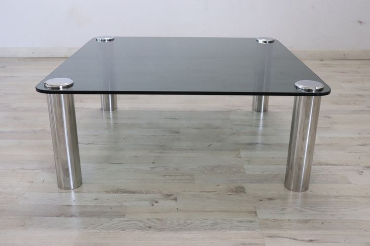 Square Coffee Table in Chromed Metal and Smoked Glass, 1970s