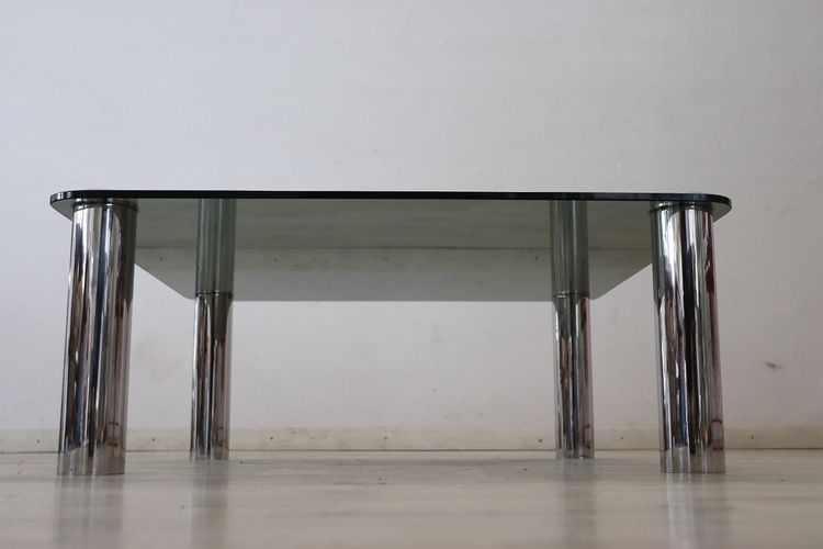 Square Coffee Table in Chromed Metal and Smoked Glass, 1970s