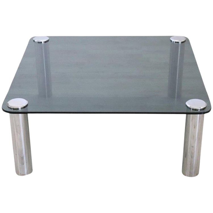 Square Coffee Table in Chromed Metal and Smoked Glass, 1970s