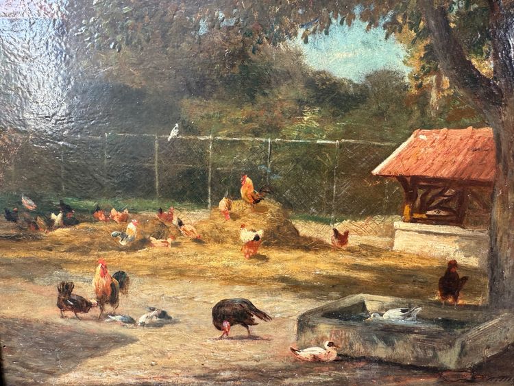 Altes Gemälde, Szene aus dem Hinterhof , Öl auf Holztafel XIX. Jahrhundert signiert, Hühner, Enten, Hähne...