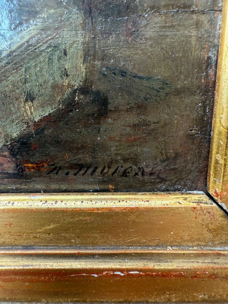 Altes Gemälde, Szene aus dem Hinterhof , Öl auf Holztafel XIX. Jahrhundert signiert, Hühner, Enten, Hähne...