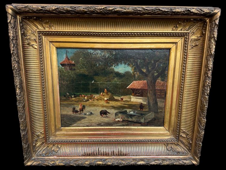 Altes Gemälde, Szene aus dem Hinterhof , Öl auf Holztafel XIX. Jahrhundert signiert, Hühner, Enten, Hähne...