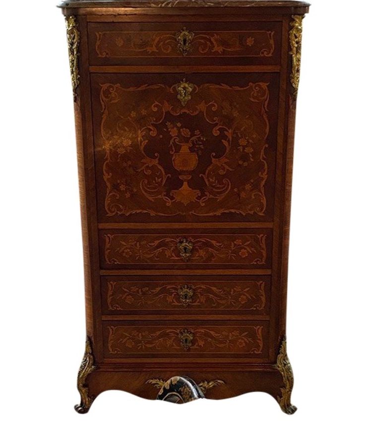 Secrétaire en bois marqueté, plateau de marbre. Napoléon III