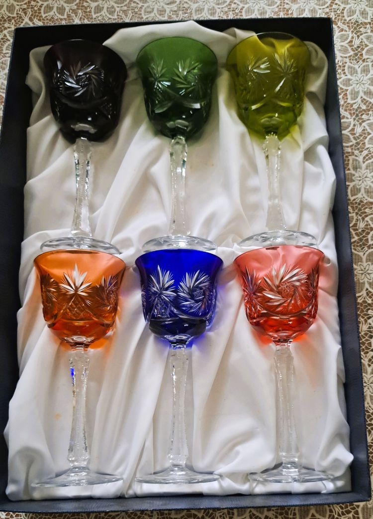 set of 6 colorful crystal wine glasses
