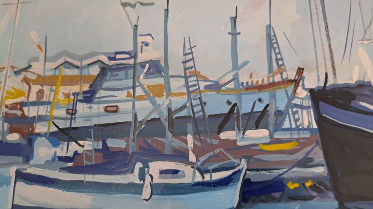Gouache on paper view of a marina port early 20th century